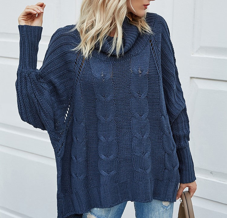 Chunky Cable Knit Cowl Neck Sweater - Dark blue