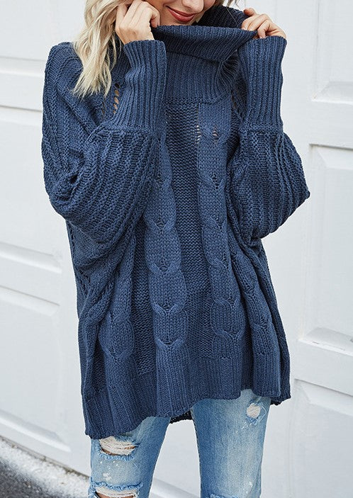 Chunky Cable Knit Cowl Neck Sweater - Dark blue - 1