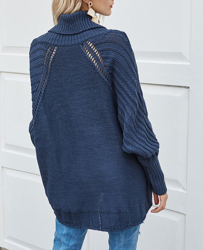 Chunky Cable Knit Cowl Neck Sweater - Dark blue - 2