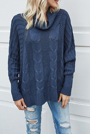Chunky Cable Knit Cowl Neck Sweater - Dark blue - 3