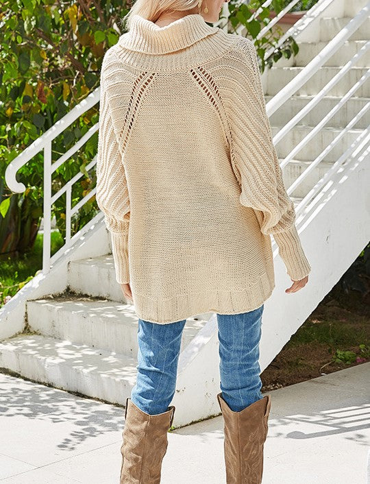 Chunky Cable Knit Cowl Neck Sweater - Off white - 3