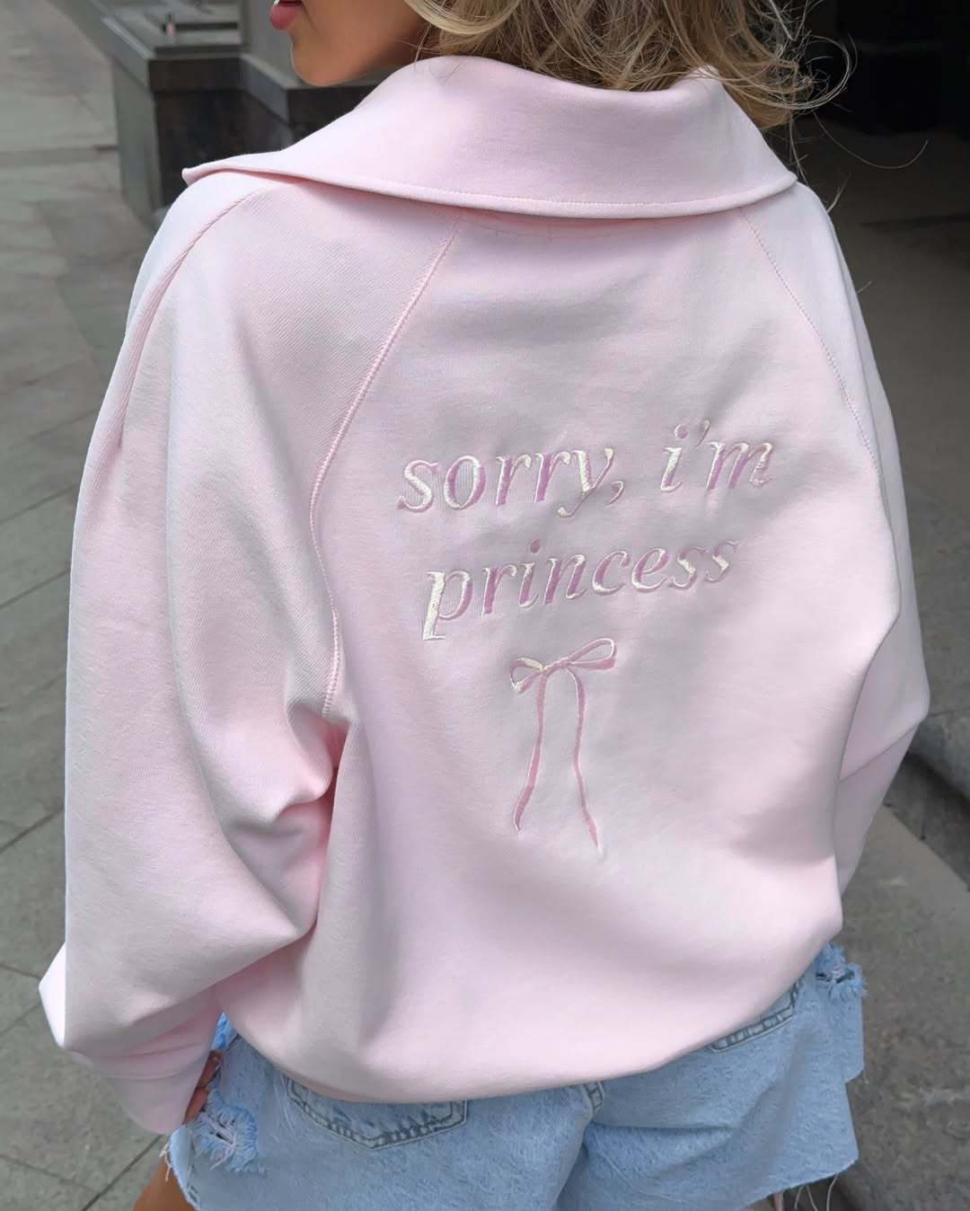 Pink Half-Zip Collared Sweatshirt with Back Embroidery - Pink - 1