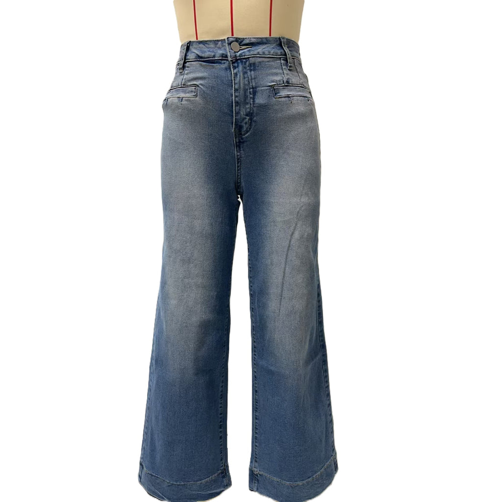 Contrast Seam Wide Leg Palazzo Jeans - Blue