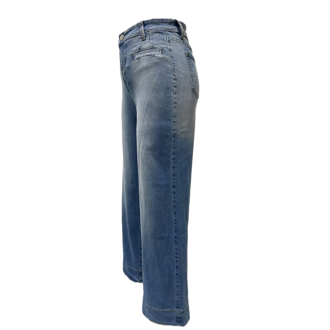 Contrast Seam Wide Leg Palazzo Jeans - Blue - 1