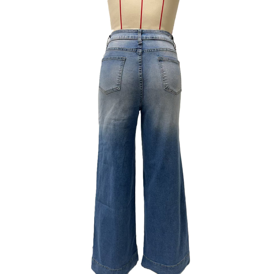 Contrast Seam Wide Leg Palazzo Jeans - Blue - 2