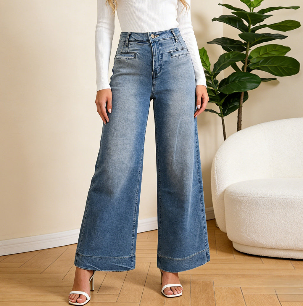 Contrast Seam Wide Leg Palazzo Jeans