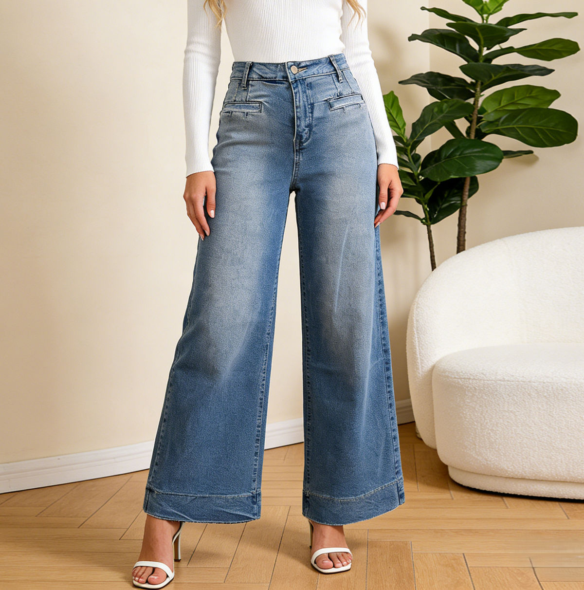 Contrast Seam Wide Leg Palazzo Jeans - view 1