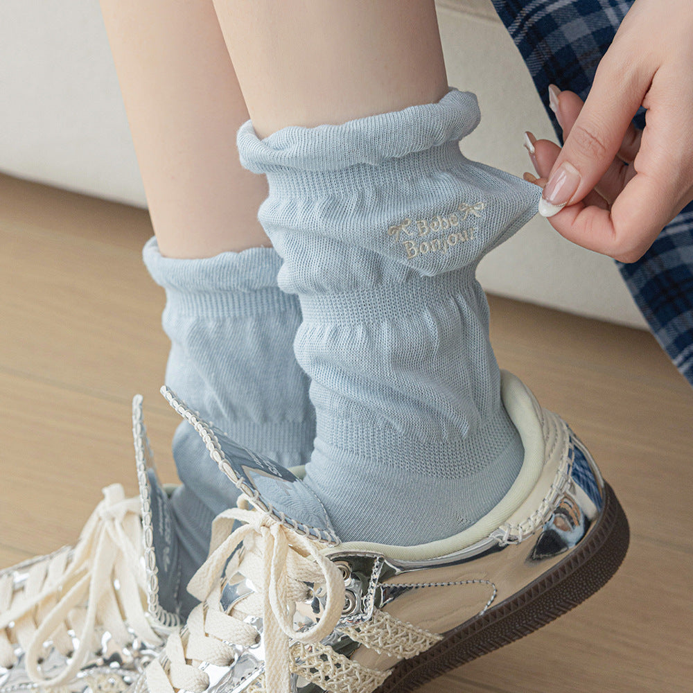Slouchy Ruched Cotton Crew Socks - Blue