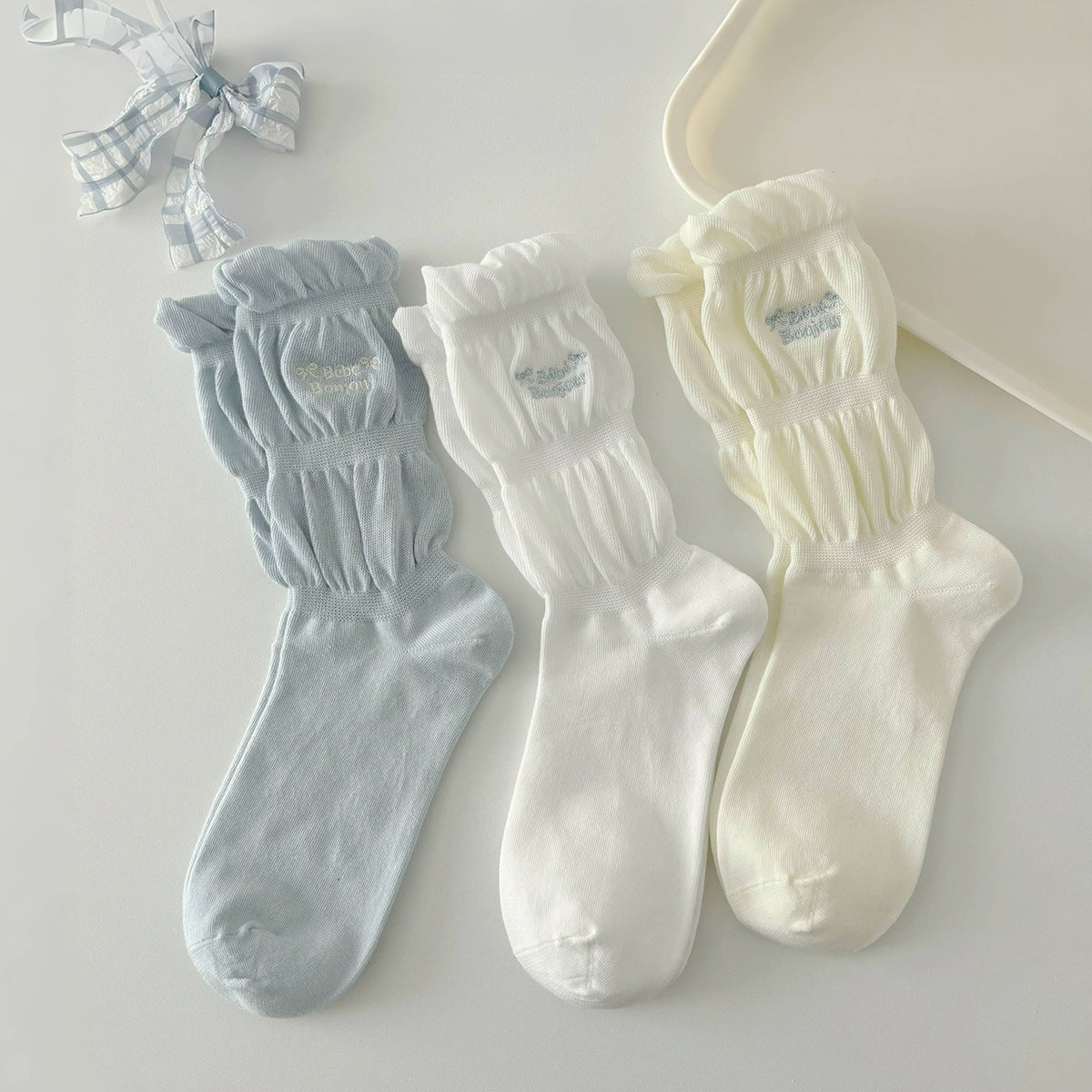 Slouchy Ruched Cotton Crew Socks - Blue - 2