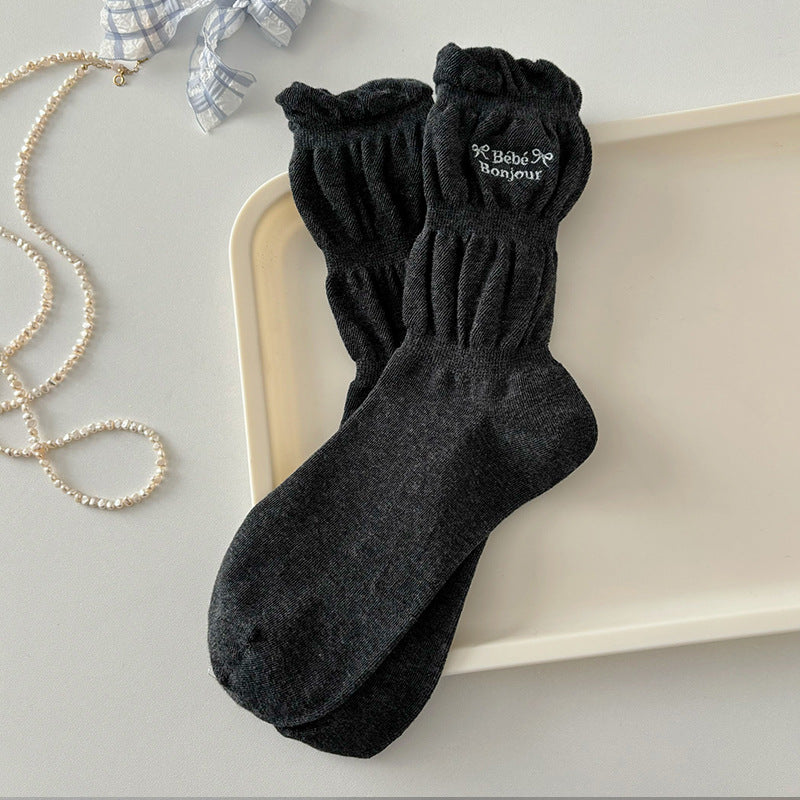 Slouchy Ruched Cotton Crew Socks - DarkGrey