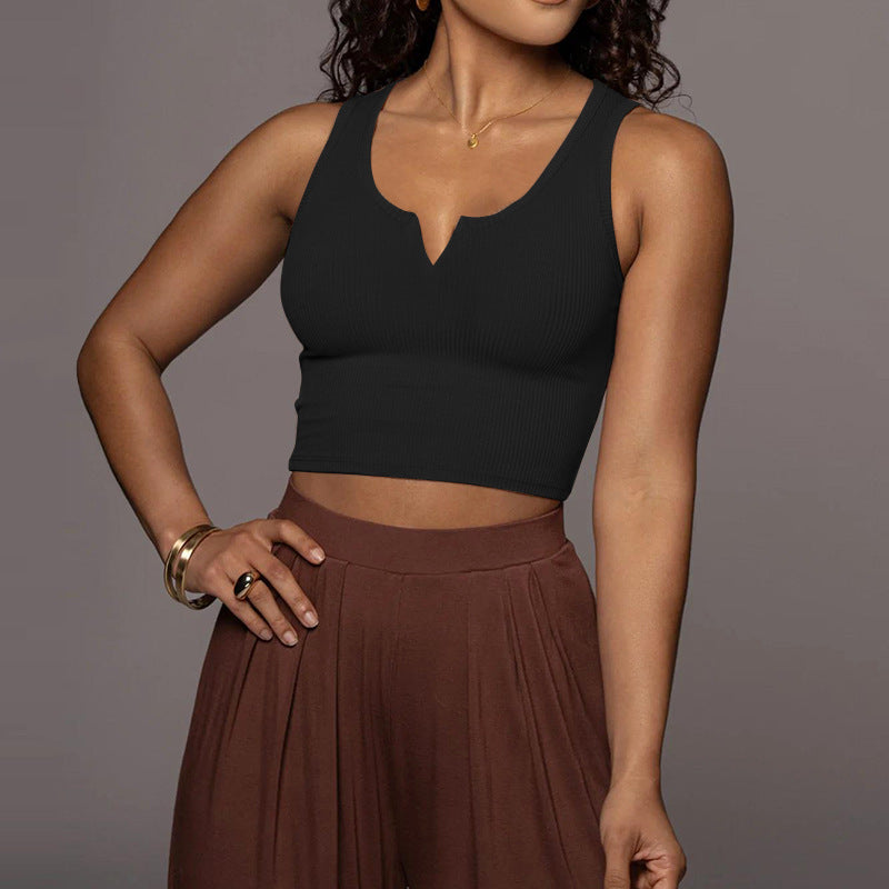 Notched V Neck Cropped Rib Tank Top - Black