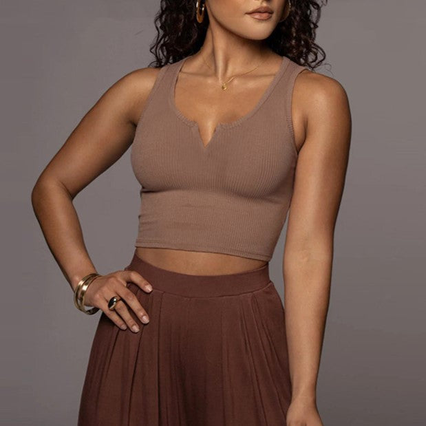 Notched V Neck Cropped Rib Tank Top - Coffee - 1
