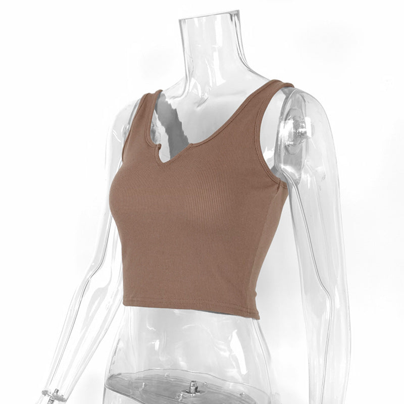 Notched V Neck Cropped Rib Tank Top - Coffee - 2