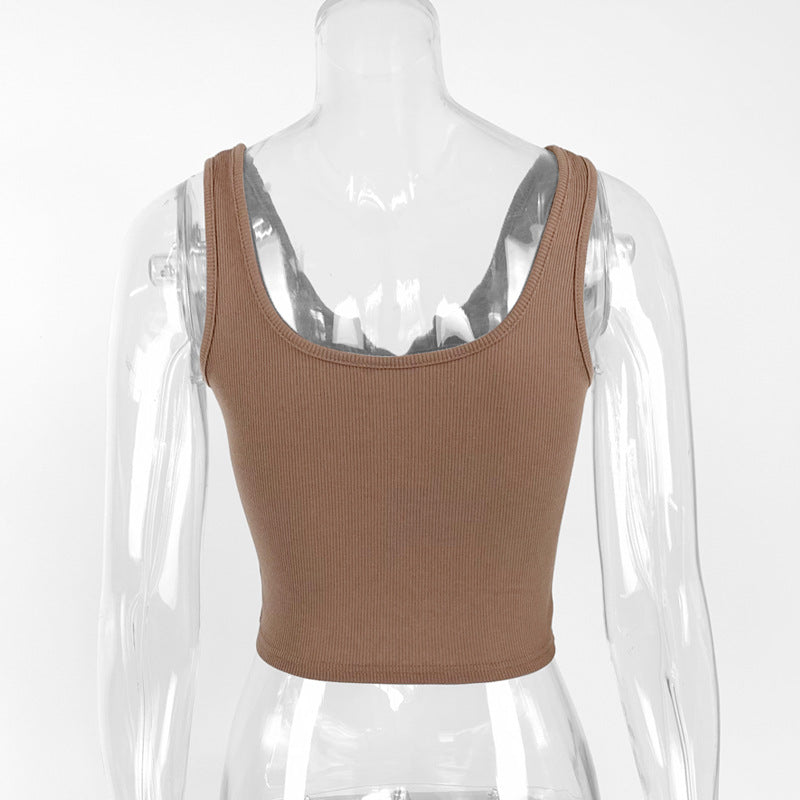 Notched V Neck Cropped Rib Tank Top - Coffee - 3