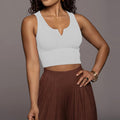 Notched V Neck Cropped Rib Tank Top - White