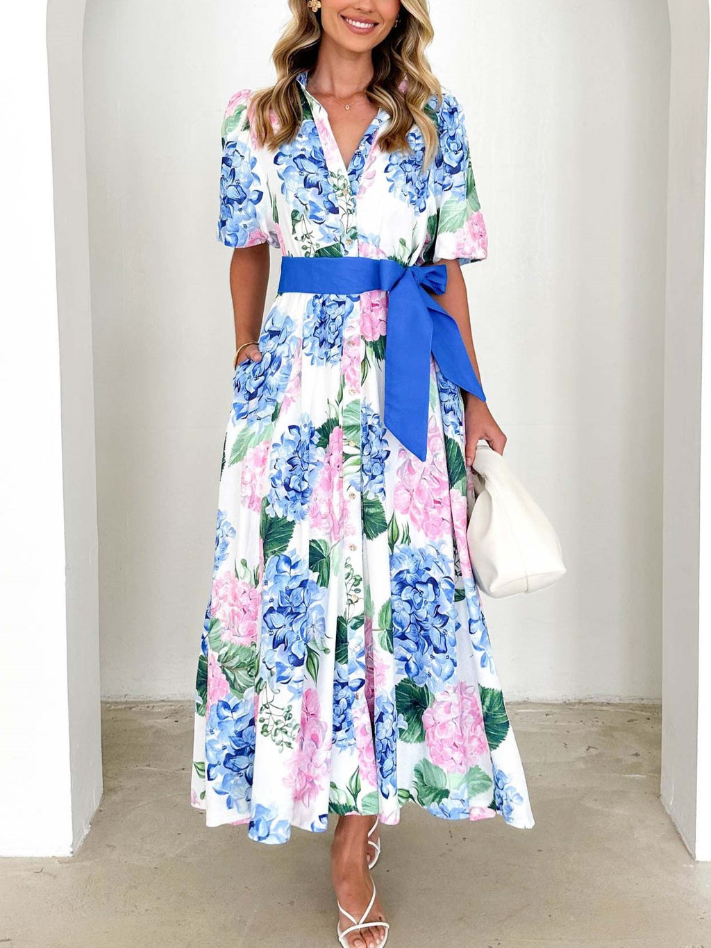 Hydrangea Floral Belted Maxi Shirt Dress - Blue
