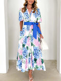 Hydrangea Floral Belted Maxi Shirt Dress - Blue