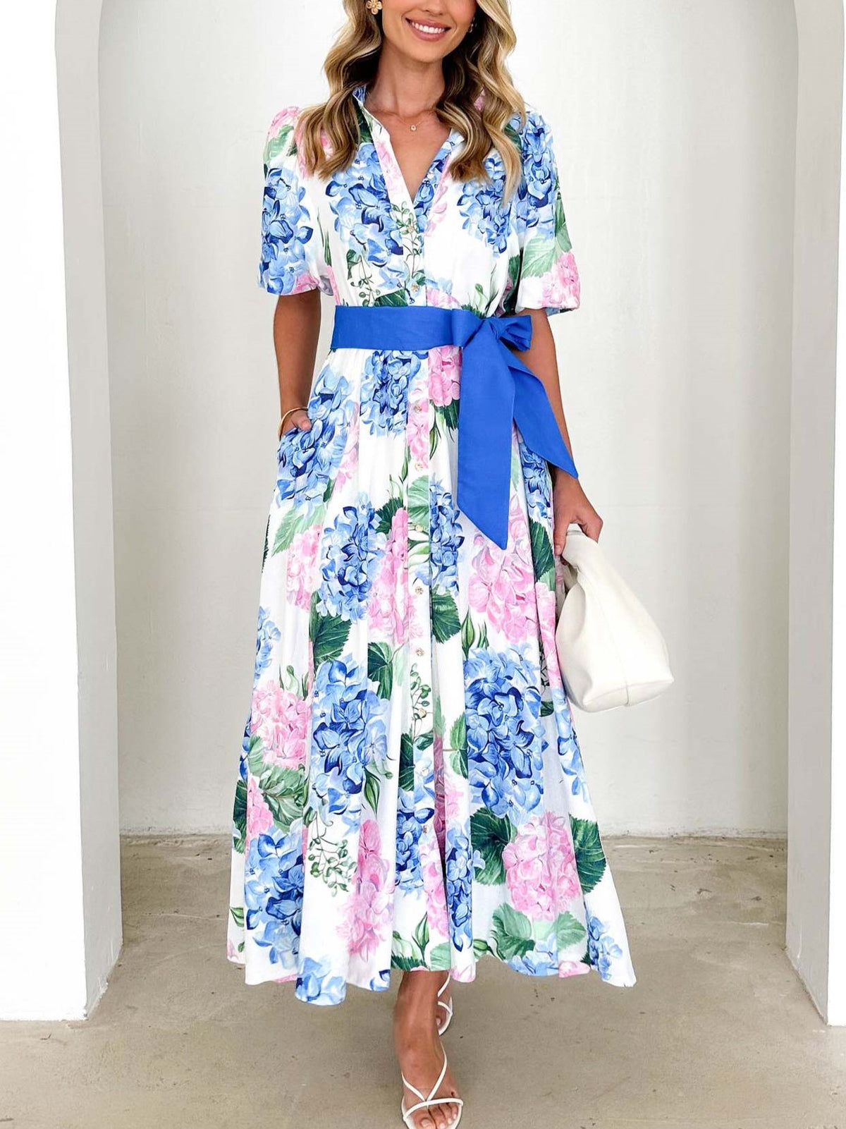 Hydrangea Floral Belted Maxi Shirt Dress - Blue