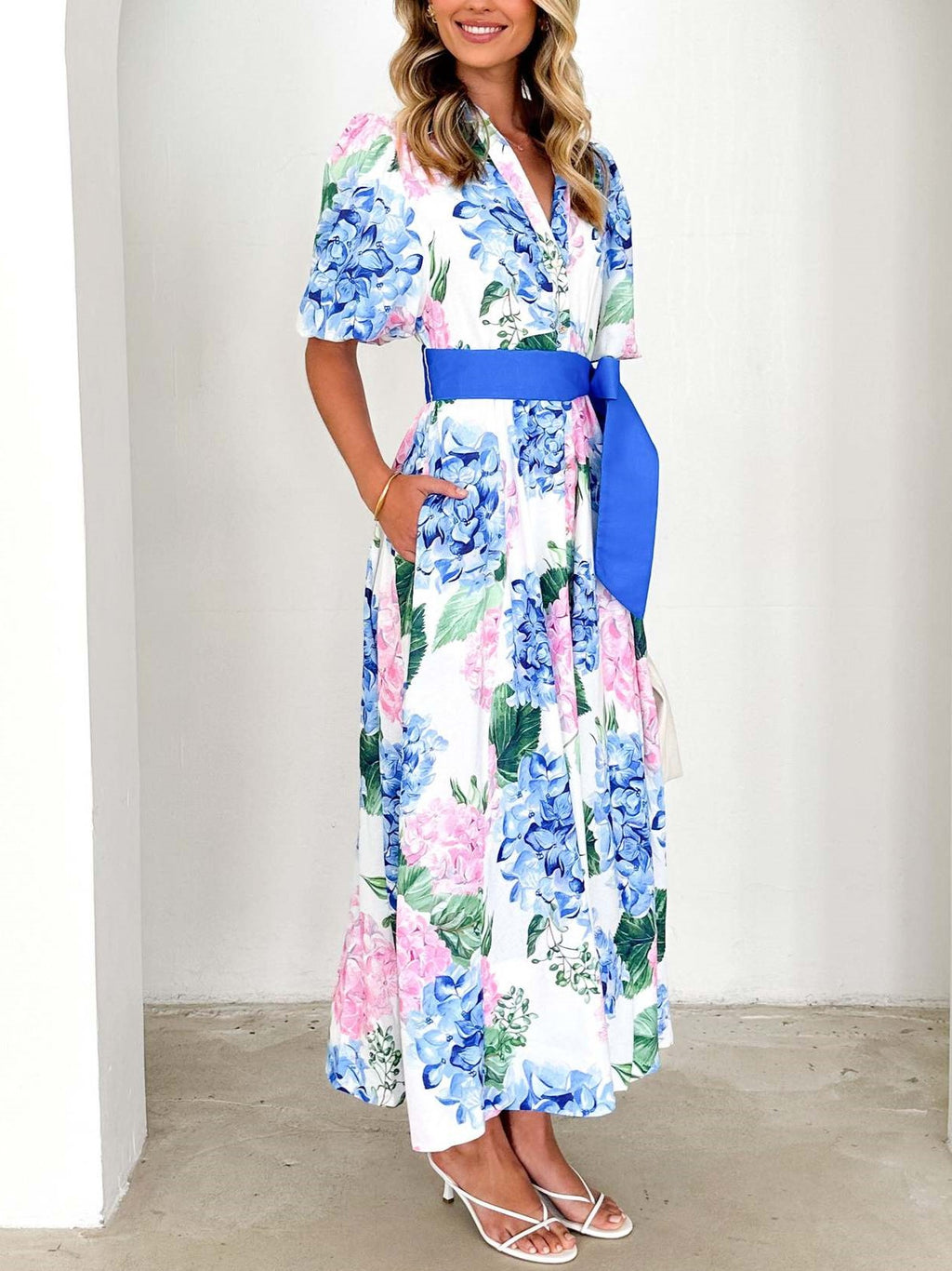 Hydrangea Floral Belted Maxi Shirt Dress - Blue - 1
