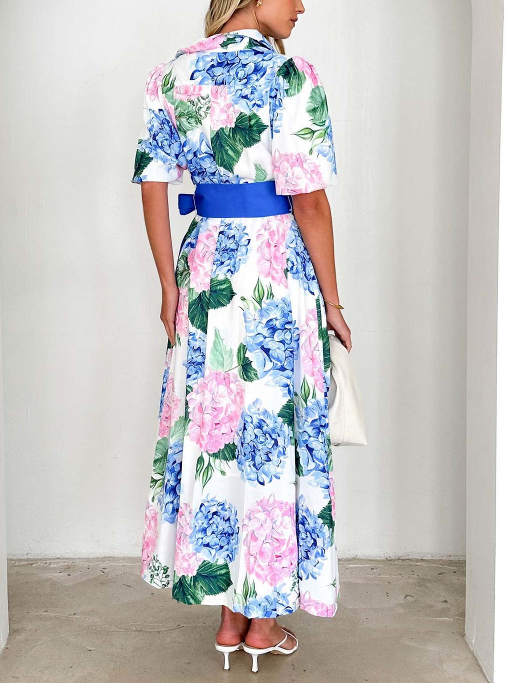 Hydrangea Floral Belted Maxi Shirt Dress - Blue - 2
