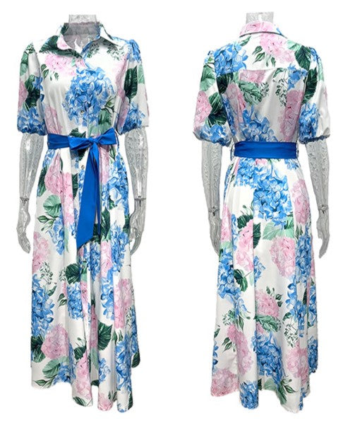 Hydrangea Floral Belted Maxi Shirt Dress - Blue - 3