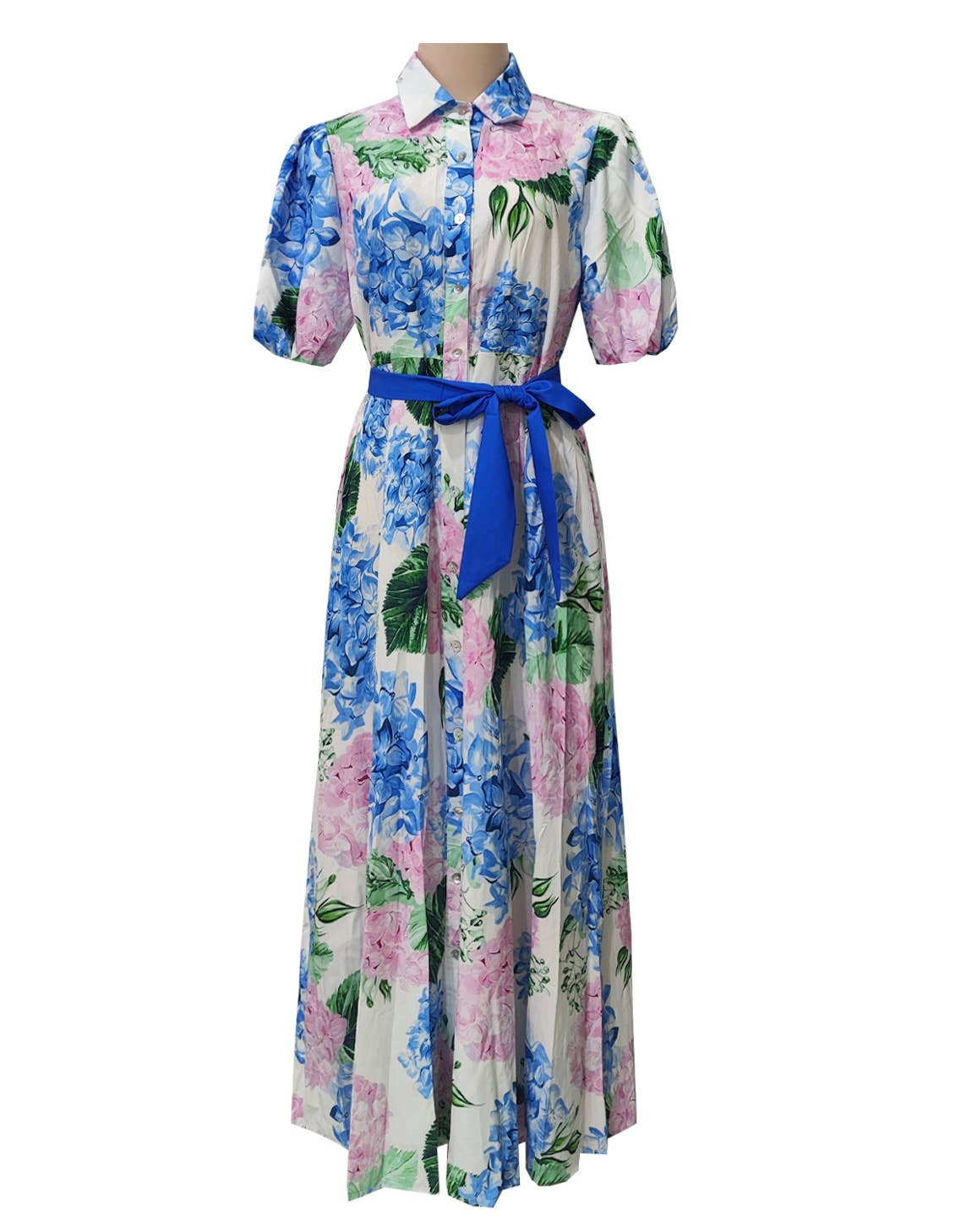 Hydrangea Floral Belted Maxi Shirt Dress