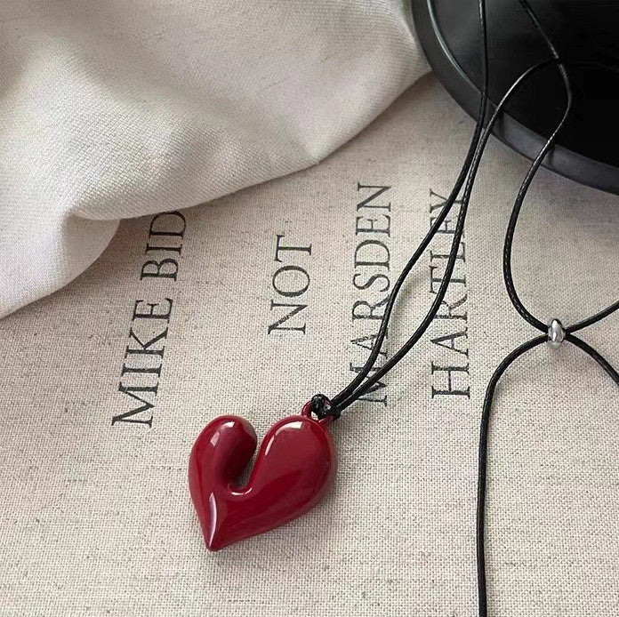 Puffy Heart Pendant Adjustable Cord Necklace - Red