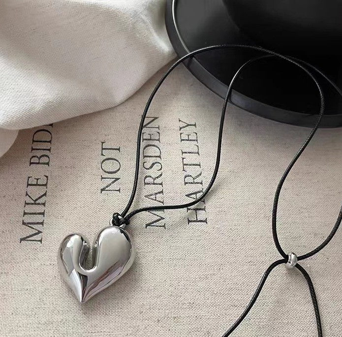 Puffy Heart Pendant Adjustable Cord Necklace - Silver