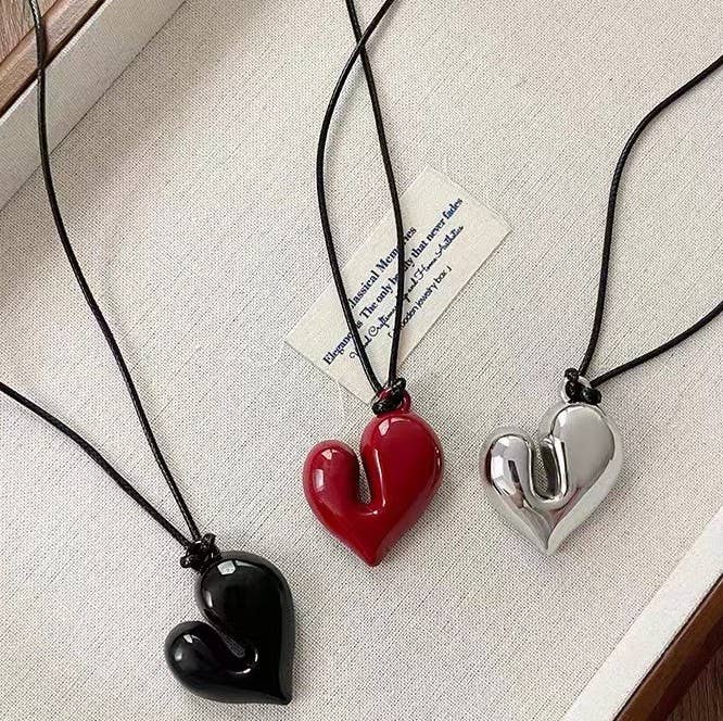 Puffy Heart Pendant Adjustable Cord Necklace