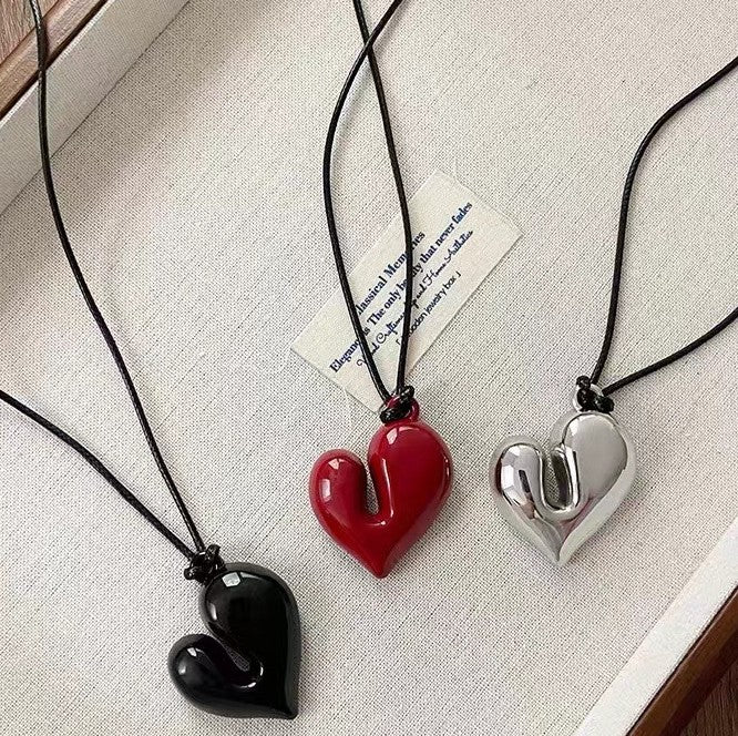 Puffy Heart Pendant Adjustable Cord Necklace - view 1