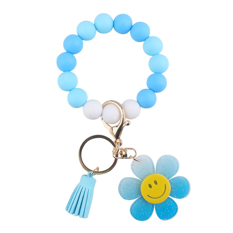 Smiley Daisy Silicone-Bead Tassel Wristlet Keychain - Blue