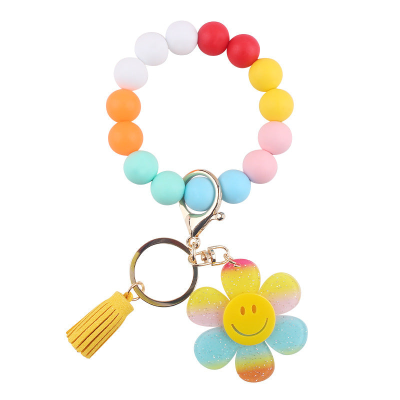 Smiley Daisy Silicone-Bead Tassel Wristlet Keychain - Colorful