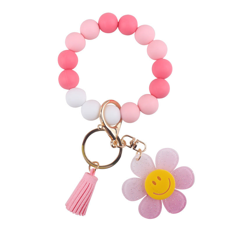 Smiley Daisy Silicone-Bead Tassel Wristlet Keychain - Pink