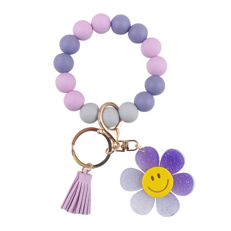 Smiley Daisy Silicone-Bead Tassel Wristlet Keychain - Purple