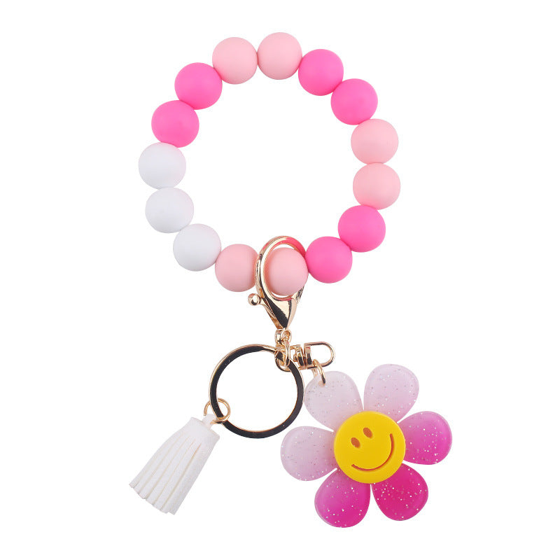 Smiley Daisy Silicone-Bead Tassel Wristlet Keychain - Rose Red