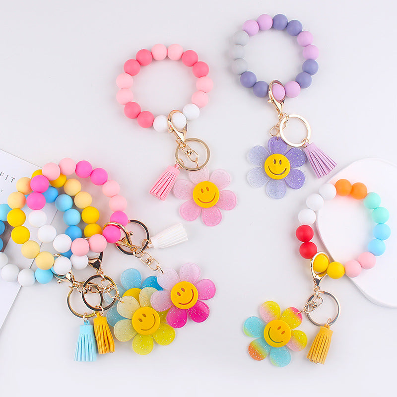 Smiley Daisy Silicone-Bead Tassel Wristlet Keychain