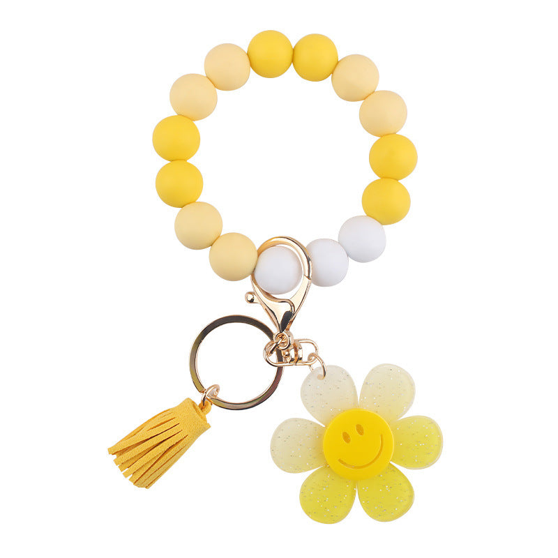 Smiley Daisy Silicone-Bead Tassel Wristlet Keychain - Yellow