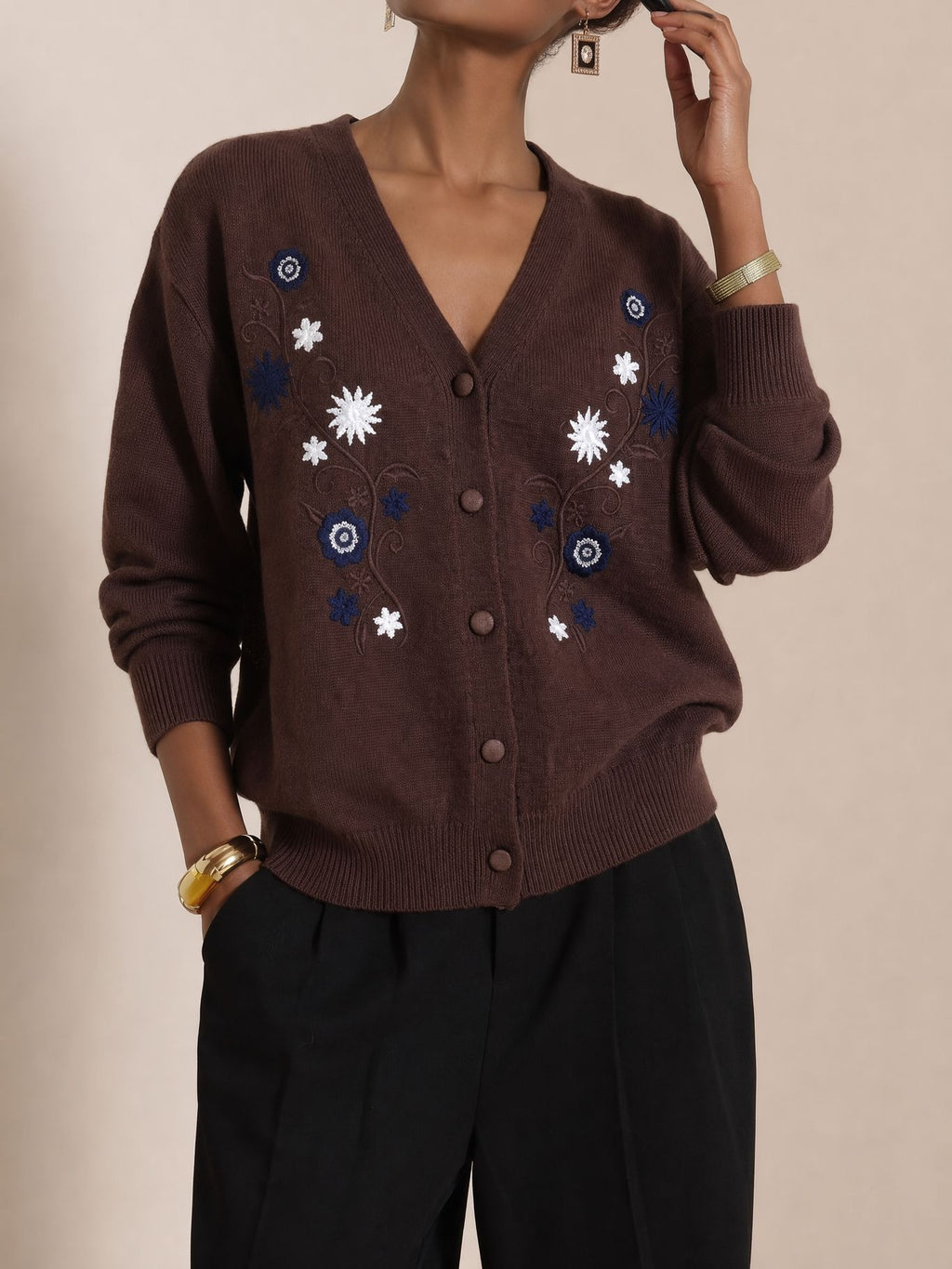Daisy Embroidery V Neck Button Cardigan - Brown
