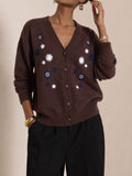 Daisy Embroidery V Neck Button Cardigan - Brown