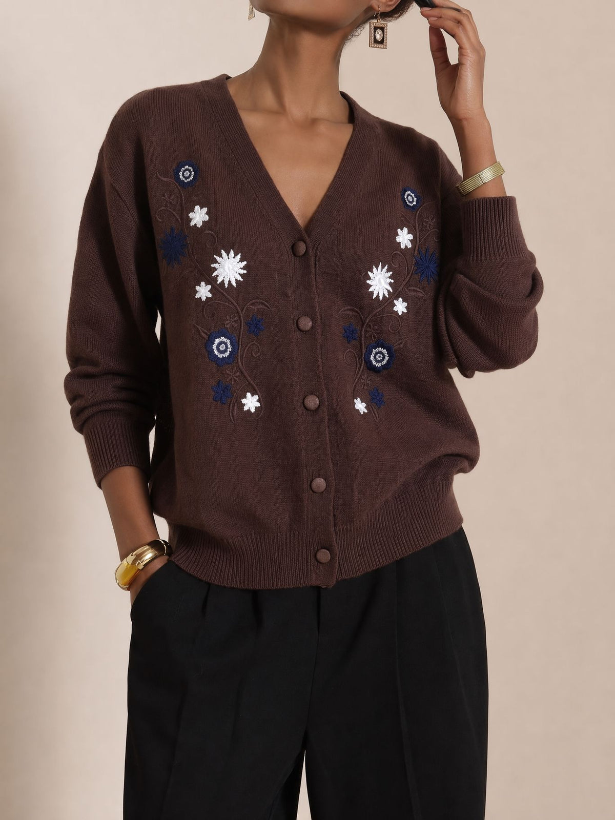 Daisy Embroidery V Neck Button Cardigan - Brown