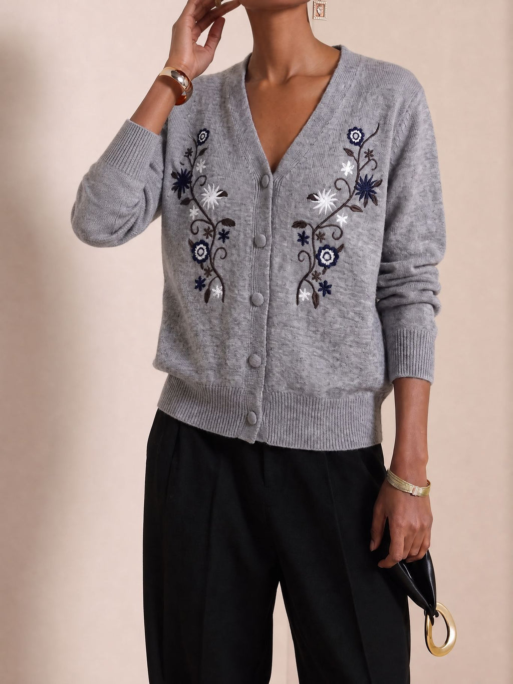 Daisy Embroidery V Neck Button Cardigan - Grey - 2