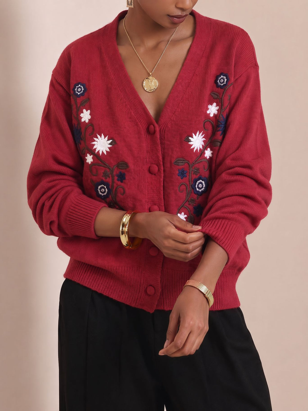 Daisy Embroidery V Neck Button Cardigan - Red