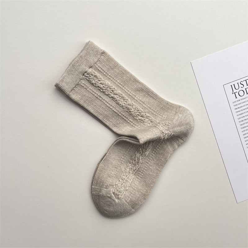 Vintage Patterned Knit Crew Socks for Women - Oatmeal