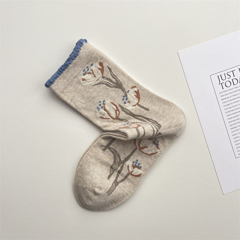 Vintage Patterned Knit Crew Socks for Women - Tulip