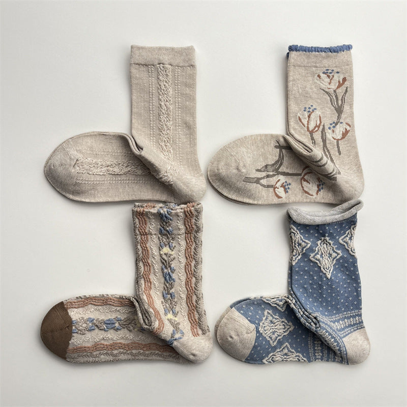Vintage Patterned Knit Crew Socks for Women