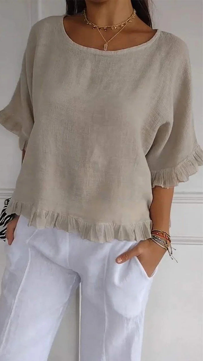 Ruffle Hem Half Sleeve Boxy Blouse - Beige