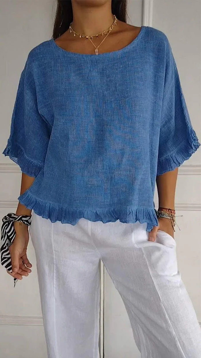 Ruffle Hem Half Sleeve Boxy Blouse - Blue
