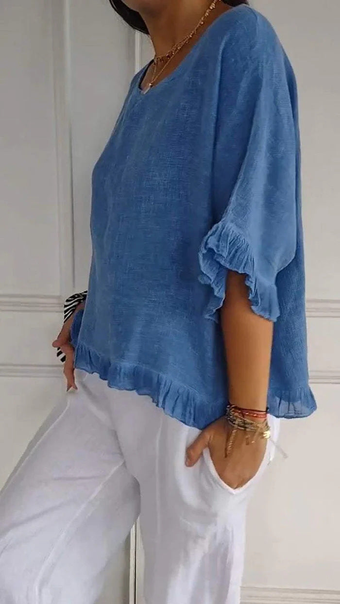 Ruffle Hem Half Sleeve Boxy Blouse - Blue - 1