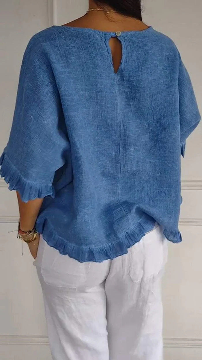 Ruffle Hem Half Sleeve Boxy Blouse - Blue - 2