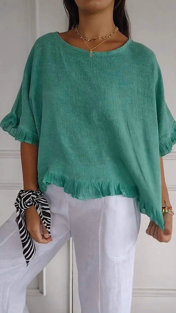 Ruffle Hem Half Sleeve Boxy Blouse - Green
